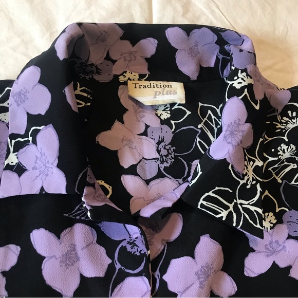 Tradition Plus Short Sleeve Button Down Casual Shirt Black Purple Flower Print - Picture 3 of 7